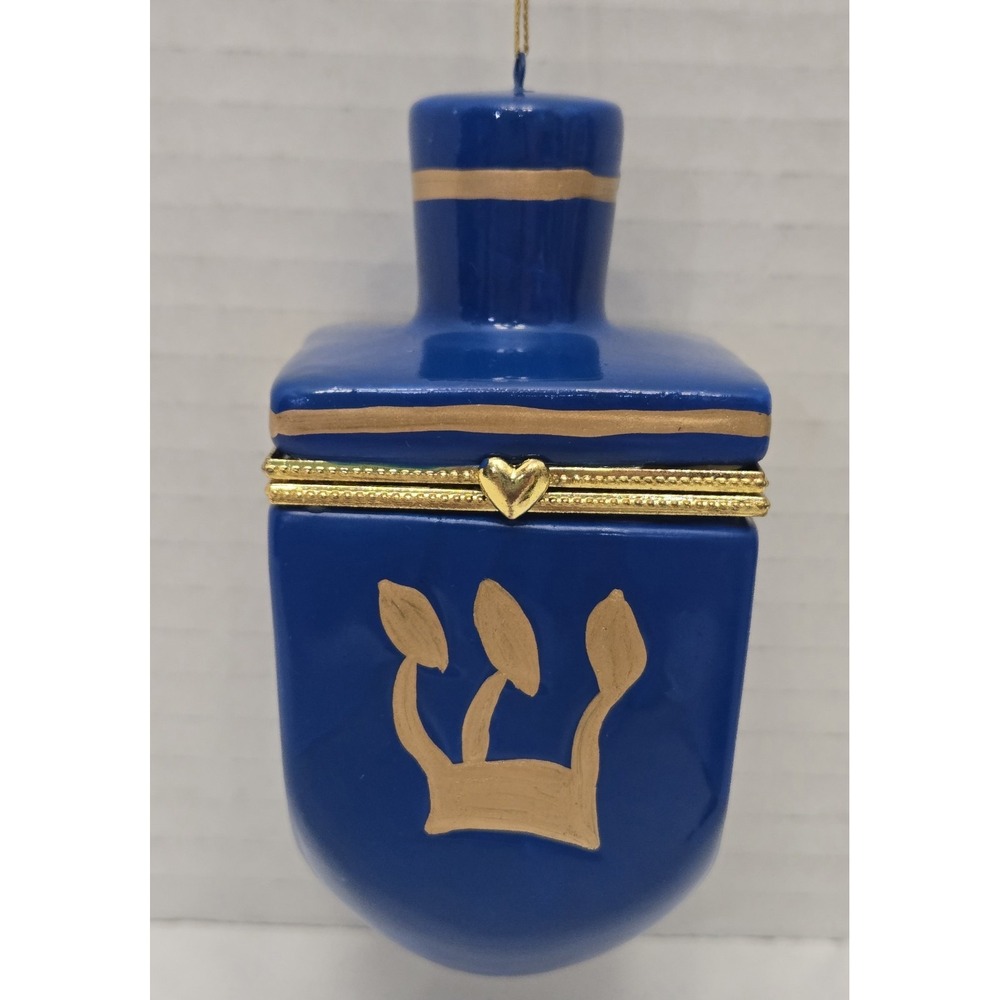 Vintage Porcelain Hinged Dreidel Trinket Box Ornament Hanukkah Judaica Blue Gold